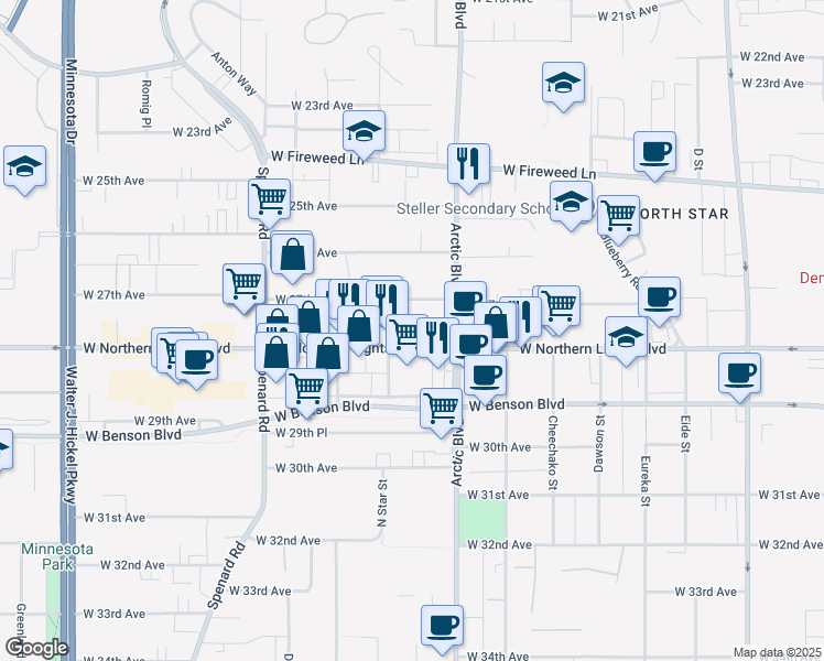 map of restaurants, bars, coffee shops, grocery stores, and more near 903 West Northern Lights Boulevard in Anchorage