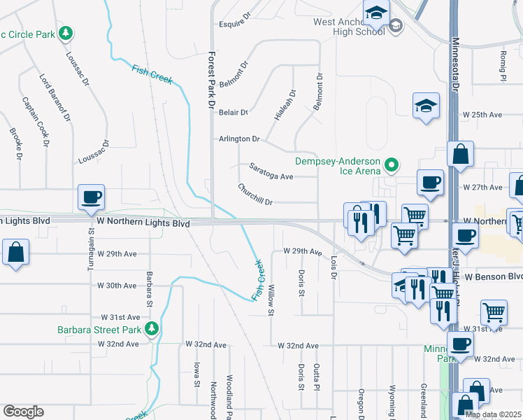map of restaurants, bars, coffee shops, grocery stores, and more near 2112 Churchill Drive in Anchorage