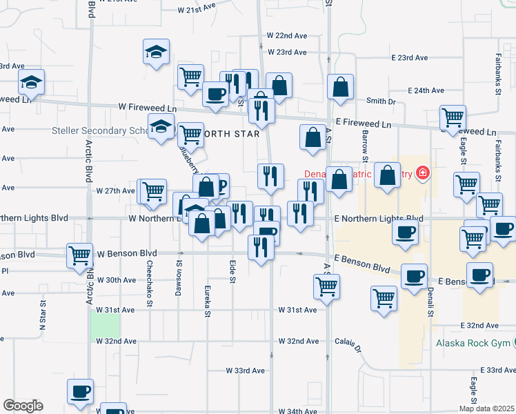 map of restaurants, bars, coffee shops, grocery stores, and more near 301 West Northern Lights Boulevard in Anchorage