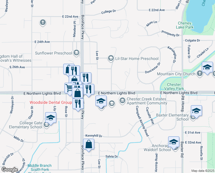 map of restaurants, bars, coffee shops, grocery stores, and more near 2728 Collie Hill Way in Anchorage