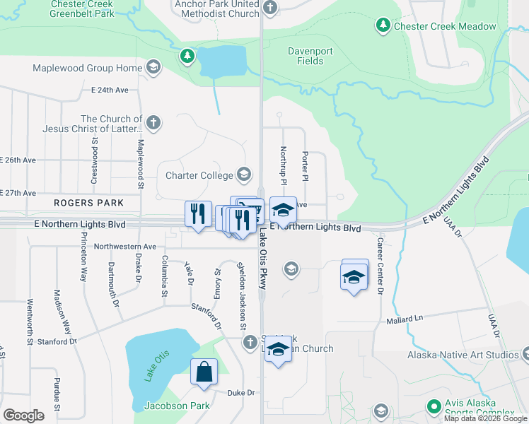 map of restaurants, bars, coffee shops, grocery stores, and more near 2701 Lake Otis Parkway in Anchorage