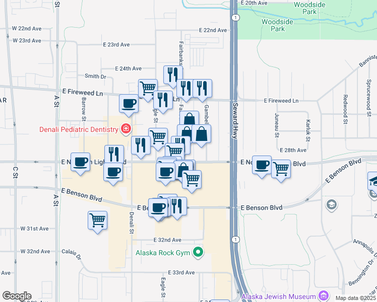 map of restaurants, bars, coffee shops, grocery stores, and more near 2706 Fairbanks Street in Anchorage