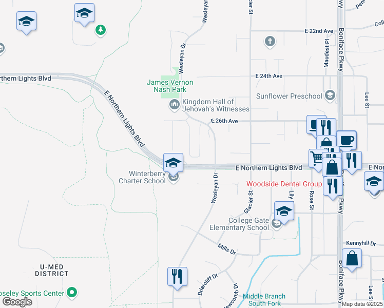 map of restaurants, bars, coffee shops, grocery stores, and more near 2631 Aspen Heights Loop in Anchorage