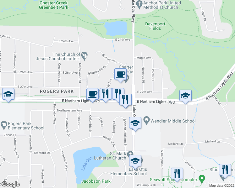 map of restaurants, bars, coffee shops, grocery stores, and more near 2211 East Northern Lights Boulevard in Anchorage