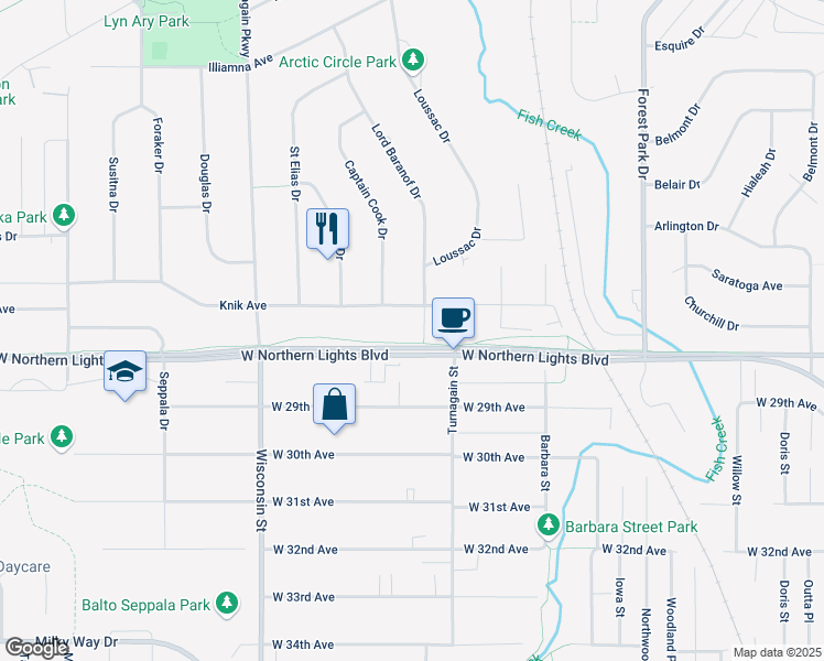 map of restaurants, bars, coffee shops, grocery stores, and more near 2718 Lord Baranof Drive in Anchorage