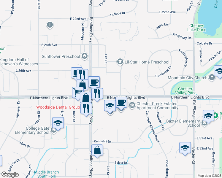 map of restaurants, bars, coffee shops, grocery stores, and more near 2726 Collie Hill Way in Anchorage