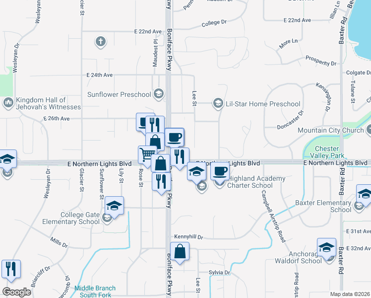 map of restaurants, bars, coffee shops, grocery stores, and more near 2730 Lee Street in Anchorage