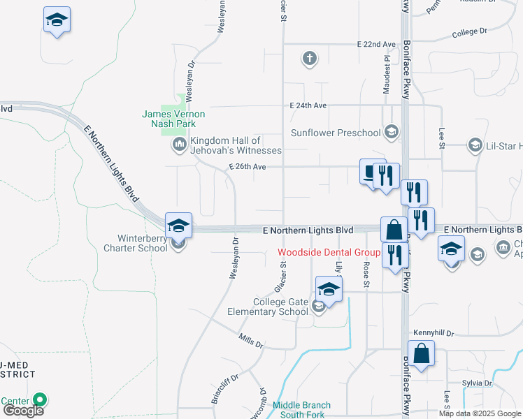 map of restaurants, bars, coffee shops, grocery stores, and more near 5023 East Northern Lights Boulevard in Anchorage