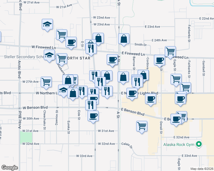 map of restaurants, bars, coffee shops, grocery stores, and more near 2700 A Street in Anchorage