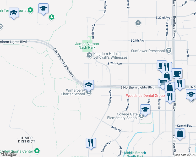 map of restaurants, bars, coffee shops, grocery stores, and more near 2632 Aspen Heights Loop in Anchorage