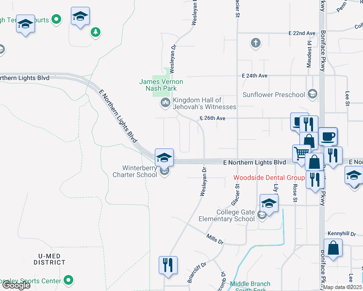 map of restaurants, bars, coffee shops, grocery stores, and more near 2632 Aspen Heights Loop in Anchorage