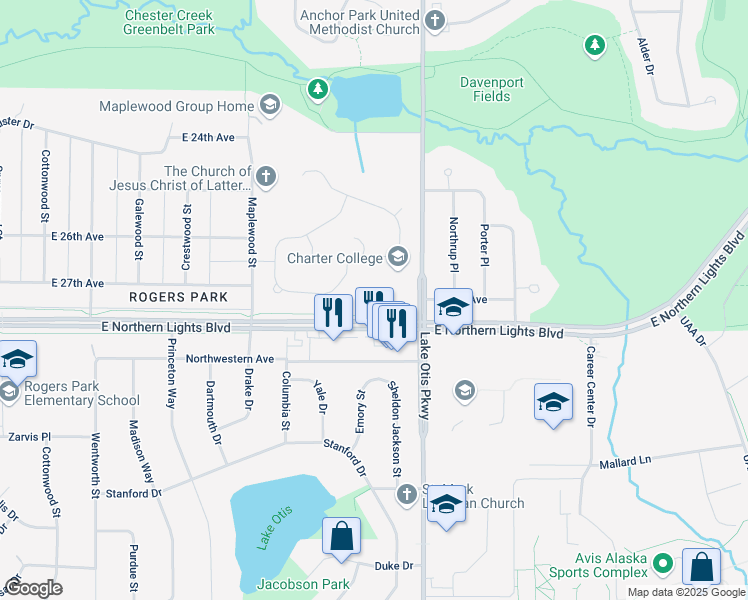 map of restaurants, bars, coffee shops, grocery stores, and more near 2211 East Northern Lights Boulevard in Anchorage
