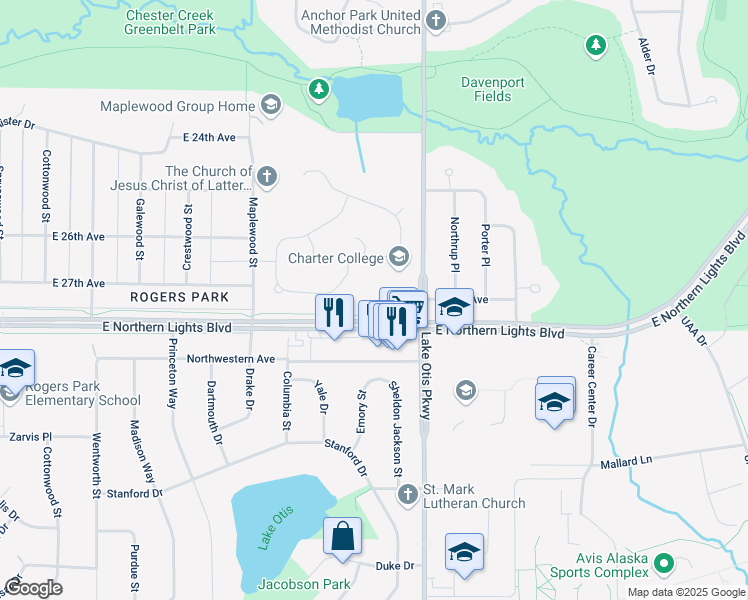 map of restaurants, bars, coffee shops, grocery stores, and more near 2211 East Northern Lights Boulevard in Anchorage