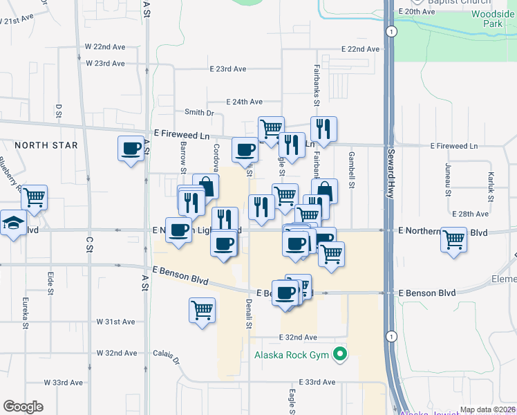 map of restaurants, bars, coffee shops, grocery stores, and more near 407A East Northern Lights Boulevard in Anchorage