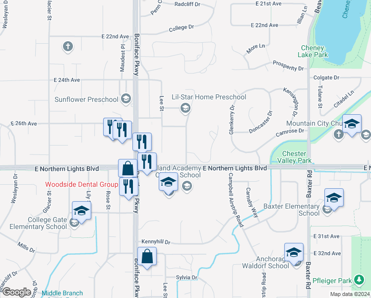 map of restaurants, bars, coffee shops, grocery stores, and more near 2728 Collie Hill Way in Anchorage