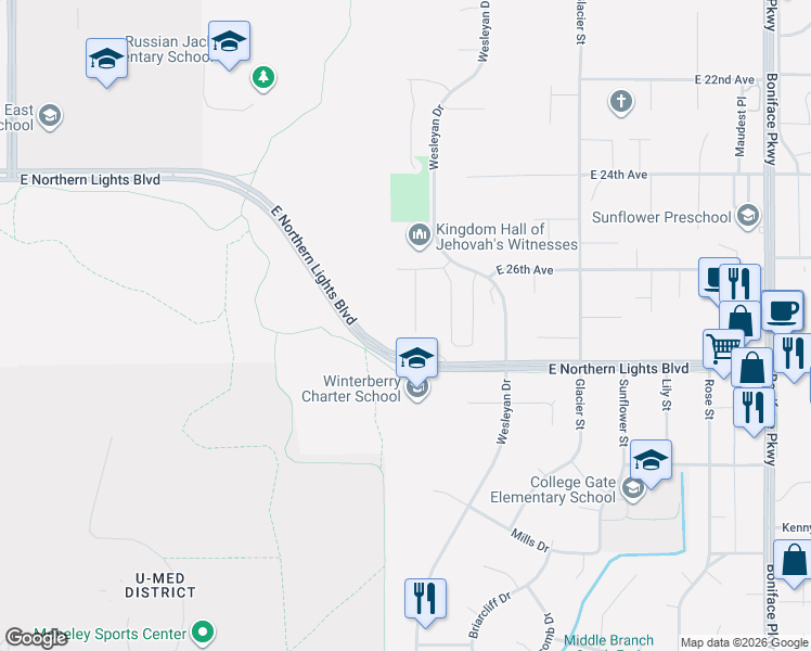 map of restaurants, bars, coffee shops, grocery stores, and more near 2730 Easthaven Circle in Anchorage