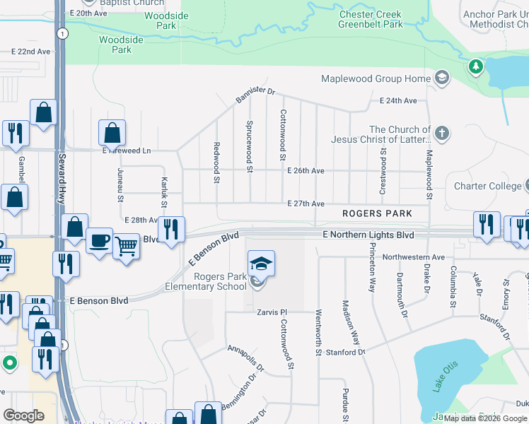 map of restaurants, bars, coffee shops, grocery stores, and more near 1402 East Northern Lights Boulevard in Anchorage