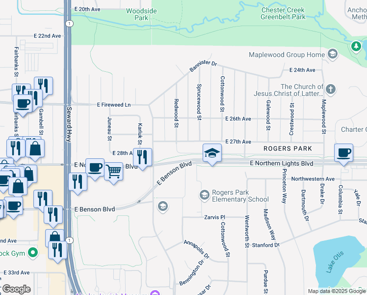 map of restaurants, bars, coffee shops, grocery stores, and more near 2801 Redwood Place in Anchorage