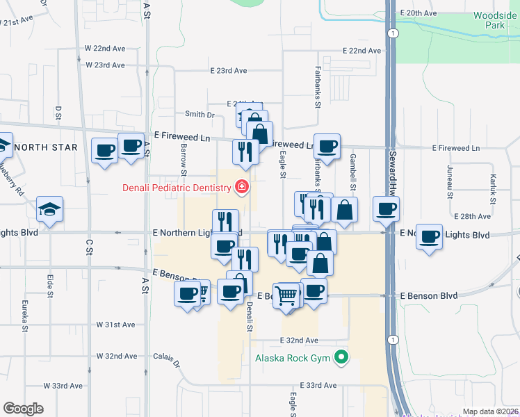 map of restaurants, bars, coffee shops, grocery stores, and more near 407A East Northern Lights Boulevard in Anchorage