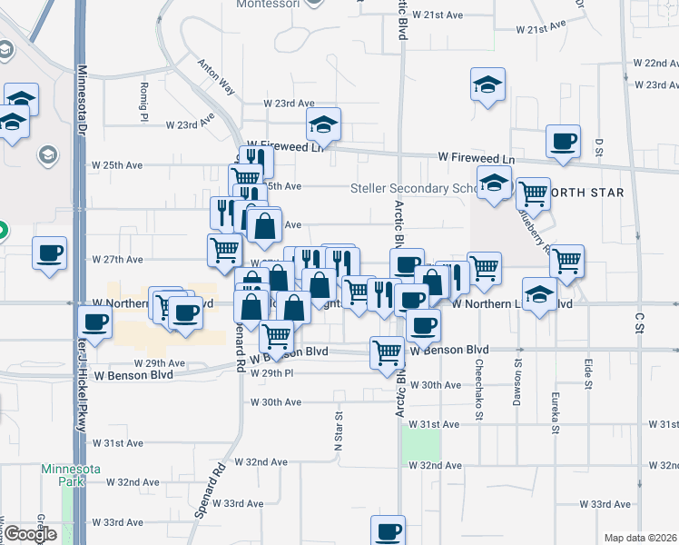 map of restaurants, bars, coffee shops, grocery stores, and more near 939 West Northern Lights Boulevard in Anchorage