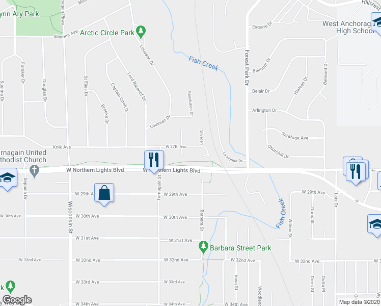 map of restaurants, bars, coffee shops, grocery stores, and more near 2700 Coho Way in Anchorage