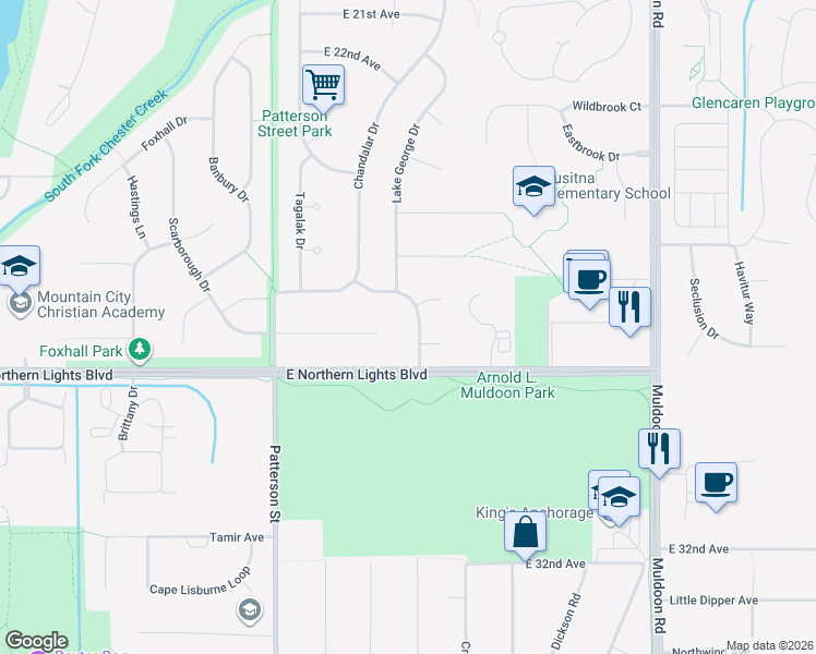 map of restaurants, bars, coffee shops, grocery stores, and more near 7450 Augustine Drive in Anchorage