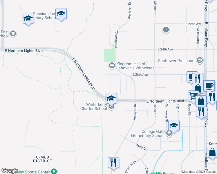 map of restaurants, bars, coffee shops, grocery stores, and more near 2652 Easthaven Circle in Anchorage