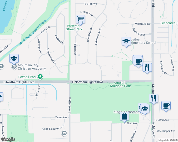 map of restaurants, bars, coffee shops, grocery stores, and more near 7210 East Chester Heights Circle in Anchorage