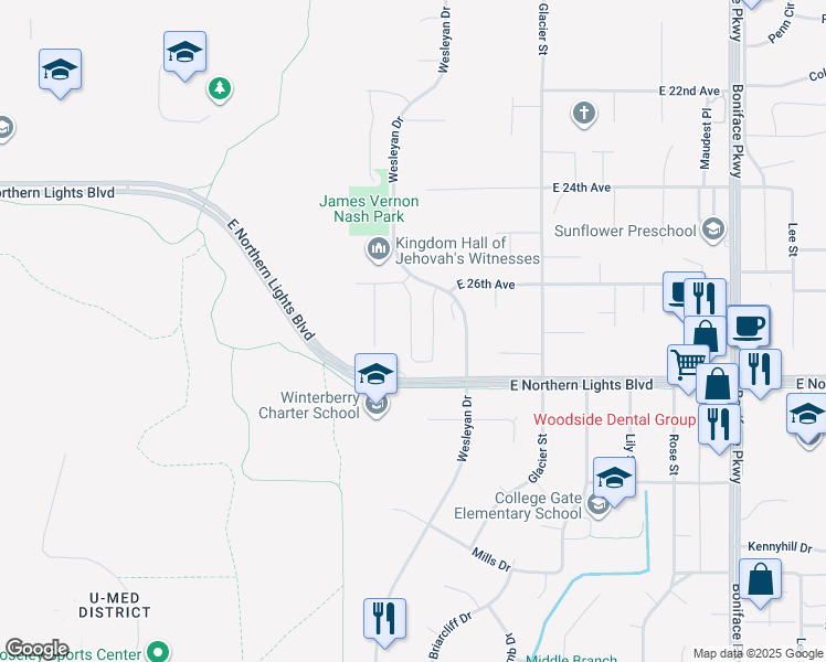 map of restaurants, bars, coffee shops, grocery stores, and more near 2632 Aspen Heights Loop in Anchorage