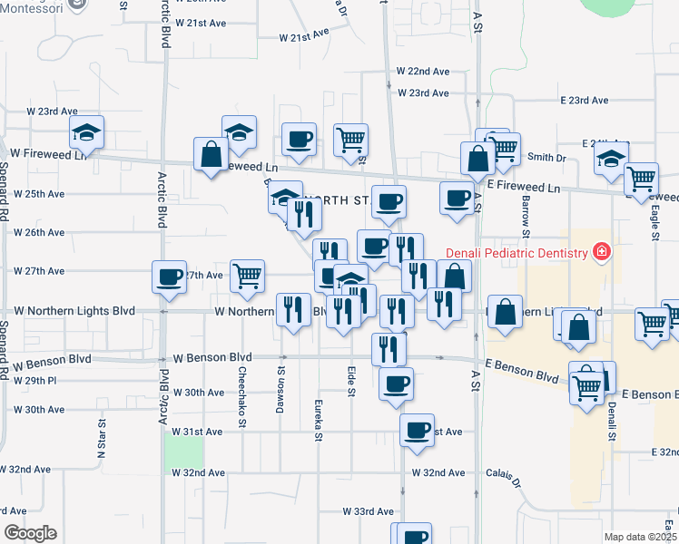 map of restaurants, bars, coffee shops, grocery stores, and more near 405 West Northern Lights Boulevard in Anchorage
