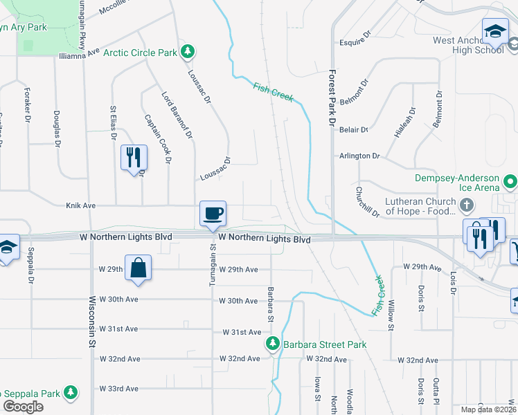 map of restaurants, bars, coffee shops, grocery stores, and more near 2700 Coho Way in Anchorage