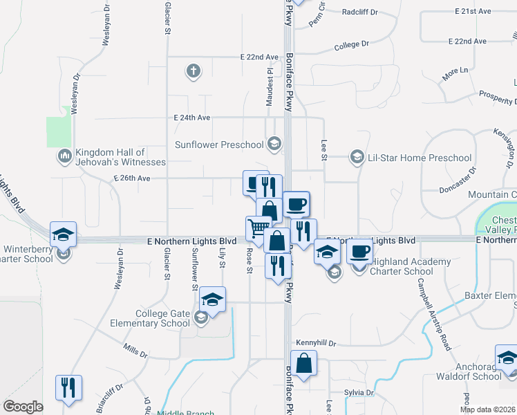 map of restaurants, bars, coffee shops, grocery stores, and more near 5437 East Northern Lights Boulevard in Anchorage