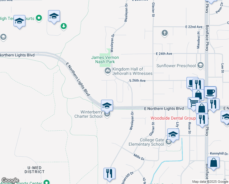 map of restaurants, bars, coffee shops, grocery stores, and more near 2604 Aspen Heights Loop in Anchorage