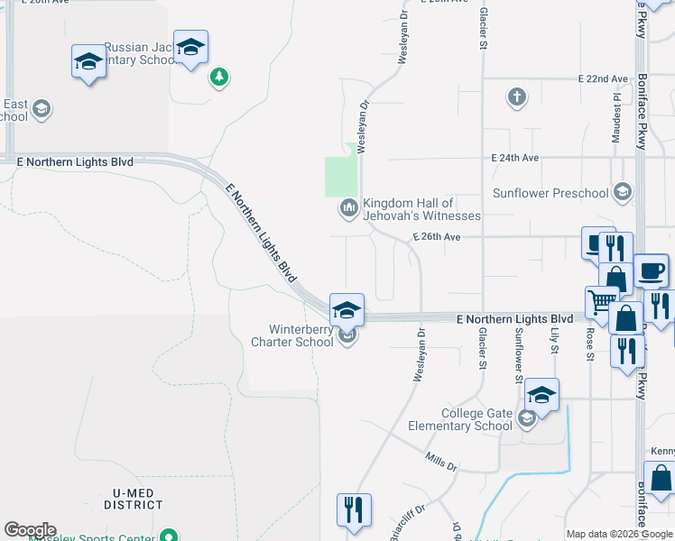 map of restaurants, bars, coffee shops, grocery stores, and more near 2600 Easthaven Circle in Anchorage
