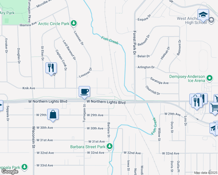 map of restaurants, bars, coffee shops, grocery stores, and more near 2601 La Honda Drive in Anchorage