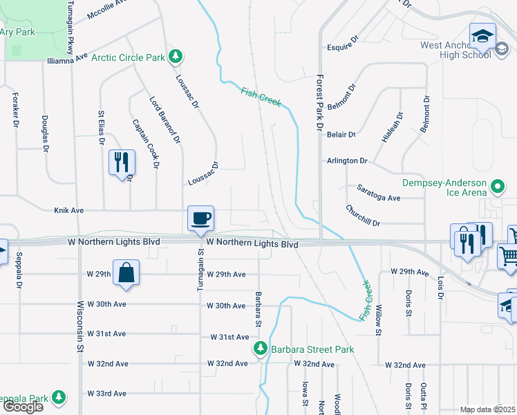 map of restaurants, bars, coffee shops, grocery stores, and more near 2451 West 27th Avenue in Anchorage