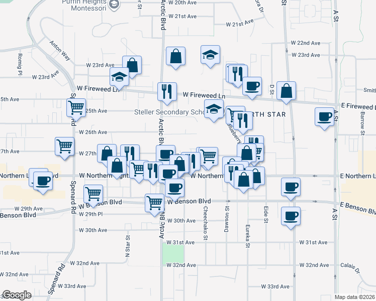 map of restaurants, bars, coffee shops, grocery stores, and more near 609 West 27th Avenue in Anchorage