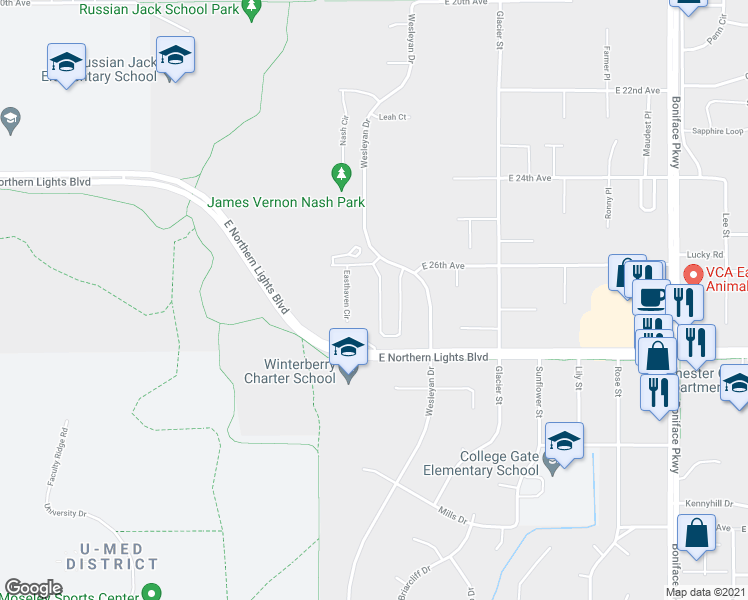 map of restaurants, bars, coffee shops, grocery stores, and more near 2632 Aspen Heights Loop in Anchorage