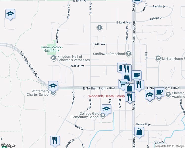 map of restaurants, bars, coffee shops, grocery stores, and more near 2627 Glacier Street in Anchorage