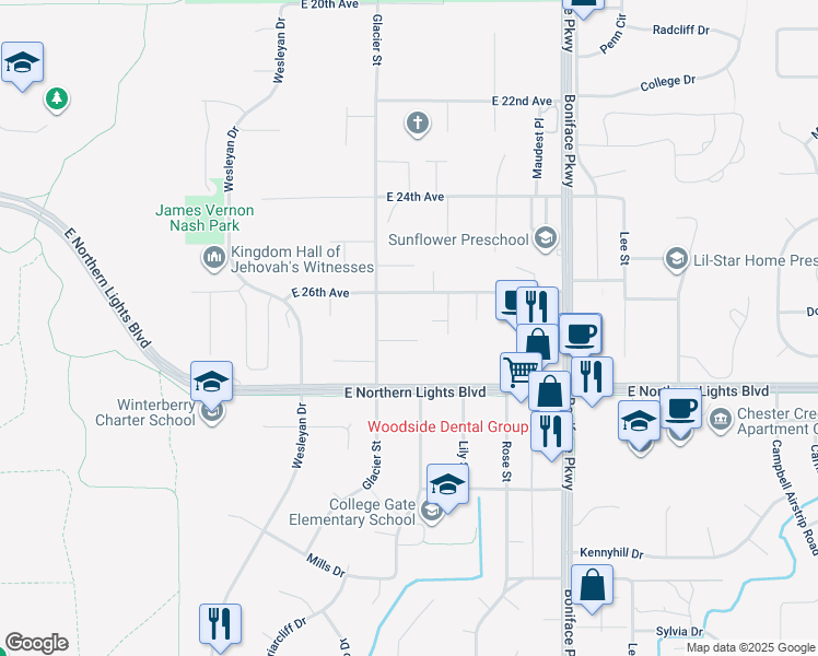 map of restaurants, bars, coffee shops, grocery stores, and more near 5200 East 26th Avenue in Anchorage