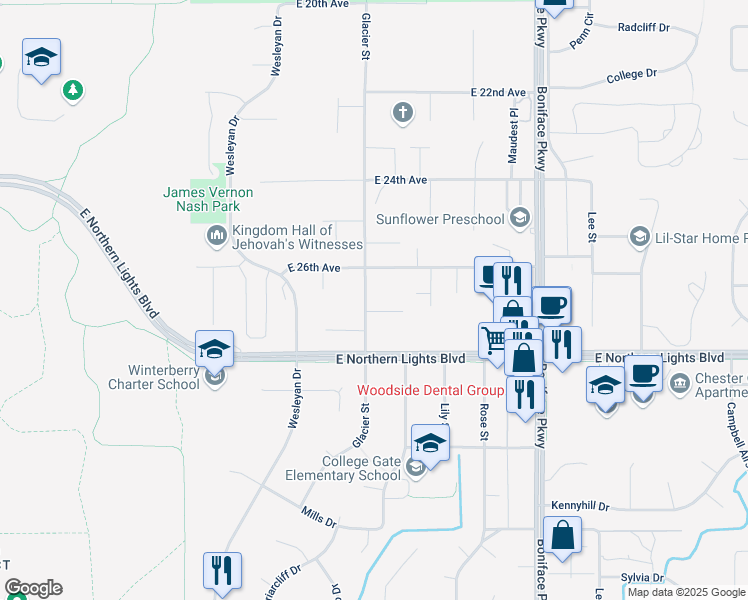 map of restaurants, bars, coffee shops, grocery stores, and more near 2600 Glacier Street in Anchorage