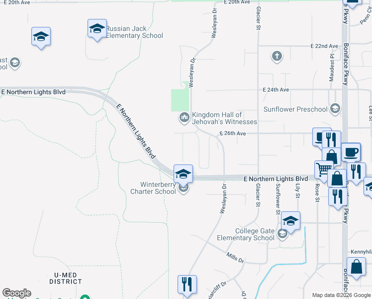 map of restaurants, bars, coffee shops, grocery stores, and more near 2604 Aspen Heights Loop in Anchorage