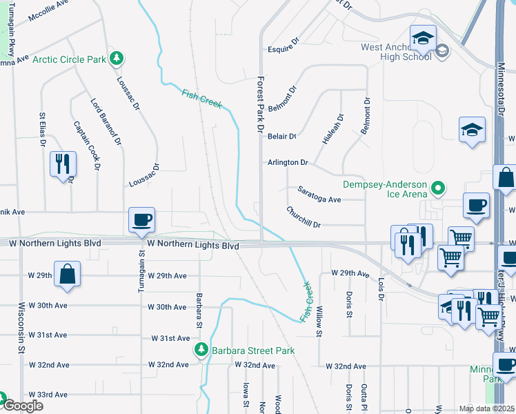 map of restaurants, bars, coffee shops, grocery stores, and more near 2606 Forest Park Drive in Anchorage