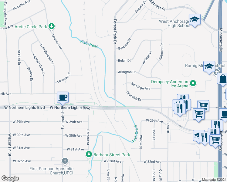 map of restaurants, bars, coffee shops, grocery stores, and more near 2644 Forest Park Drive in Anchorage