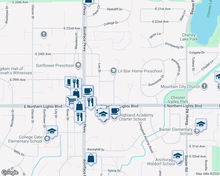 map of restaurants, bars, coffee shops, grocery stores, and more near 5618 Sheltie Avenue in Anchorage