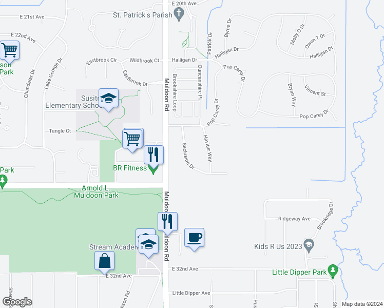 map of restaurants, bars, coffee shops, grocery stores, and more near 2709 Seclusion Drive in Anchorage