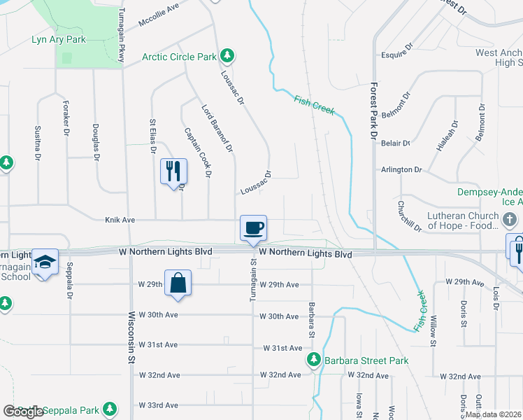 map of restaurants, bars, coffee shops, grocery stores, and more near 2567 Loussac Drive in Anchorage