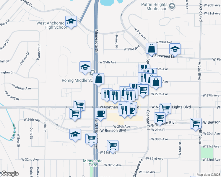 map of restaurants, bars, coffee shops, grocery stores, and more near 1425 West 27th Avenue in Anchorage