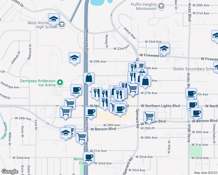 map of restaurants, bars, coffee shops, grocery stores, and more near 1402 West 26th Avenue in Anchorage