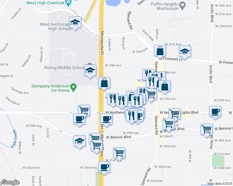 map of restaurants, bars, coffee shops, grocery stores, and more near 1440 West 26th Avenue in Anchorage